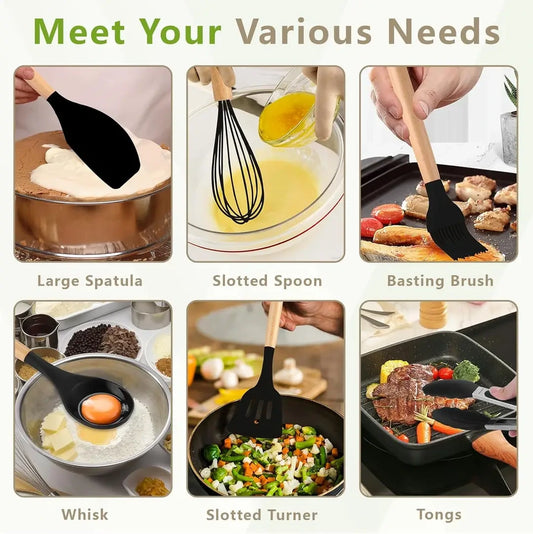 12 Pcs Silicone Kitchen Utensil Set with Wooden Handles – Non Stick Cooking Tools Set with Holder for Kitchen