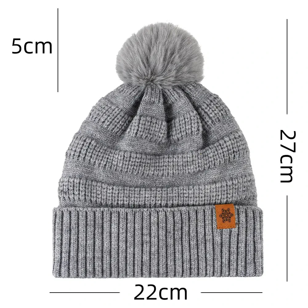 Women Double Layer Knitted Wool Hat with Pom Pom