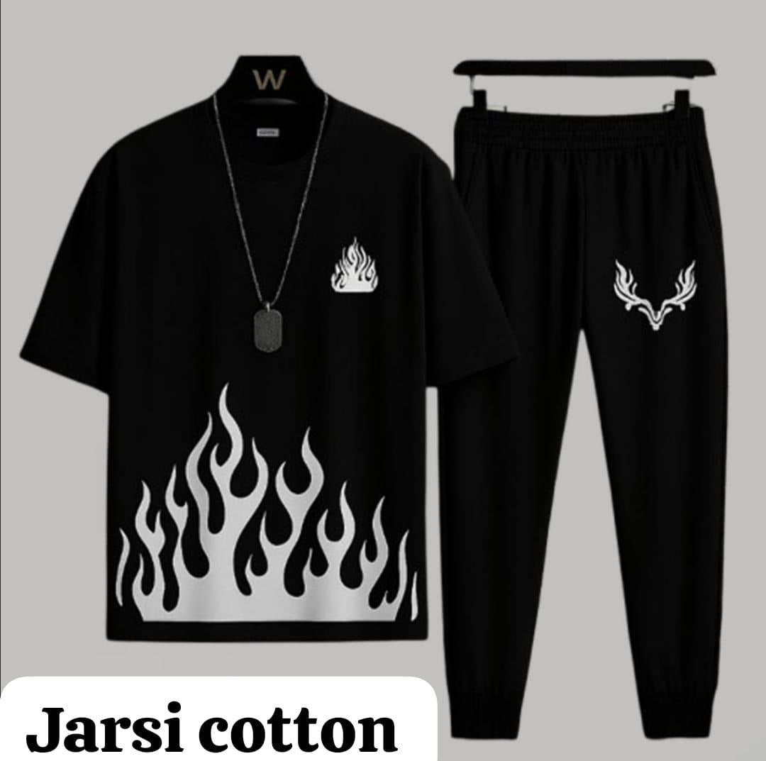 Men's Black Cotton Track Suit with Flame & Deer Head Print