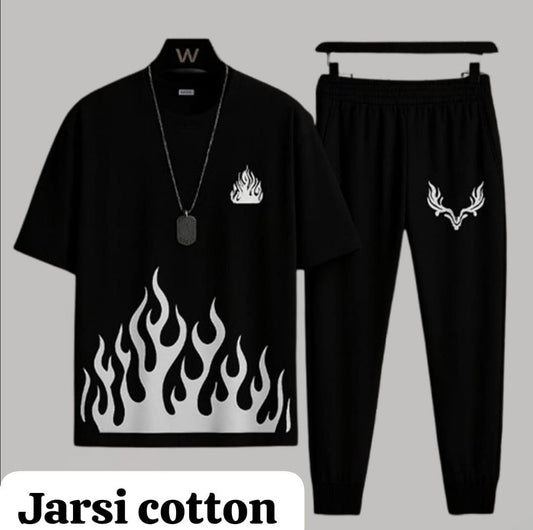 Men's Black Cotton Track Suit with Flame & Deer Head Print
