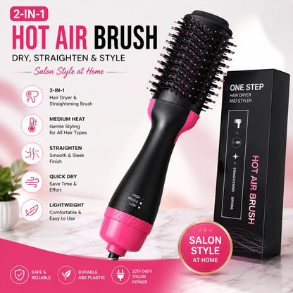 2-in-1 Hot Air Brush Hair Dryer & Straightening Brush | Electric Hair Styler | Pink & Black