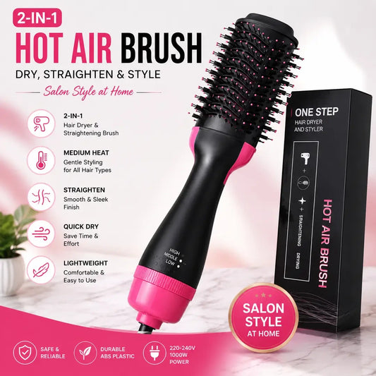 2-in-1 Hot Air Brush Hair Dryer & Straightening Brush | Electric Hair Styler | Pink & Black