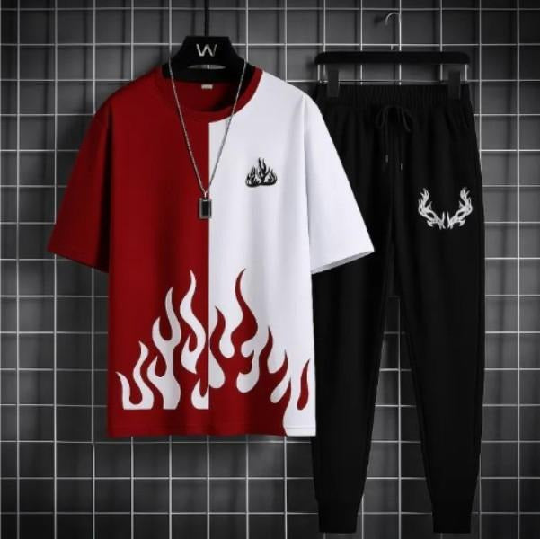 Men Maroon Flame Print Slim Fit Track Suit Polyester 28"