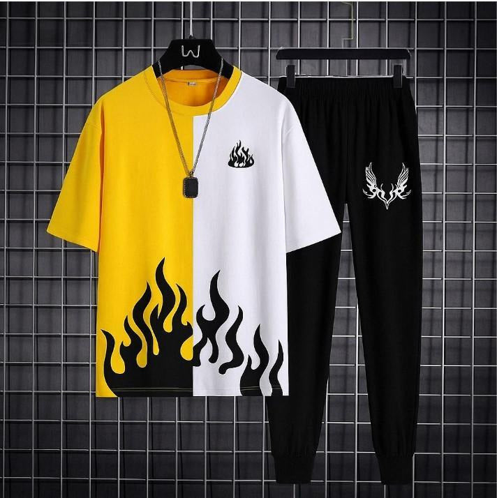 Men Track Suit Yellow Flame Eid Slim Fit 2 Pcs Polyester