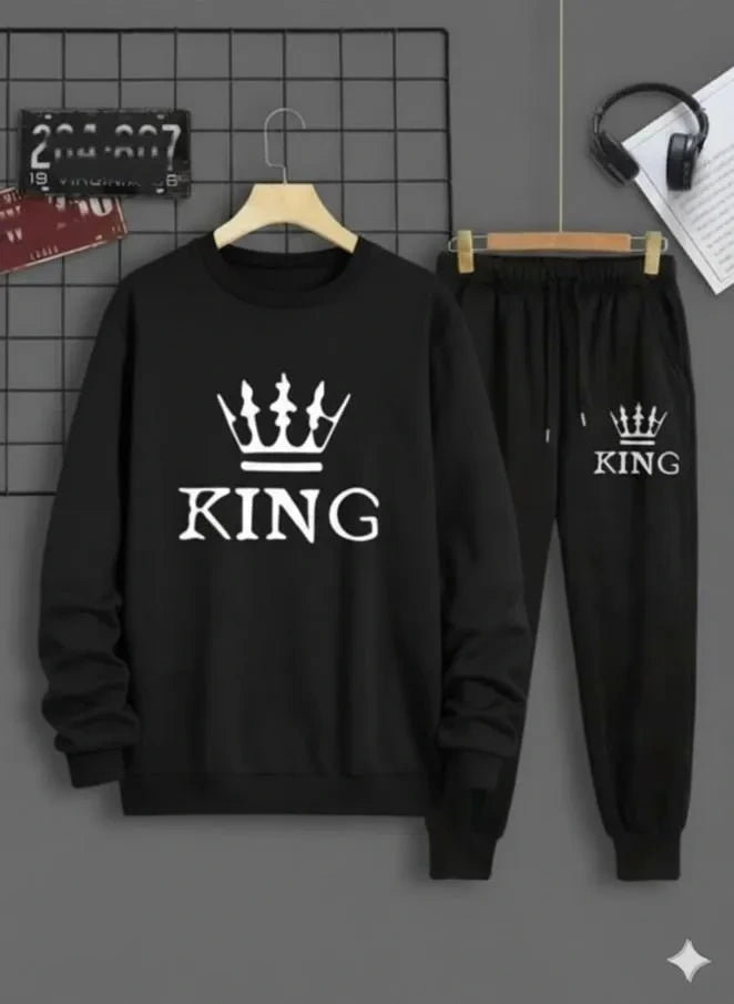 Men Black King Crown Fleece Track Suit 2Pcs
