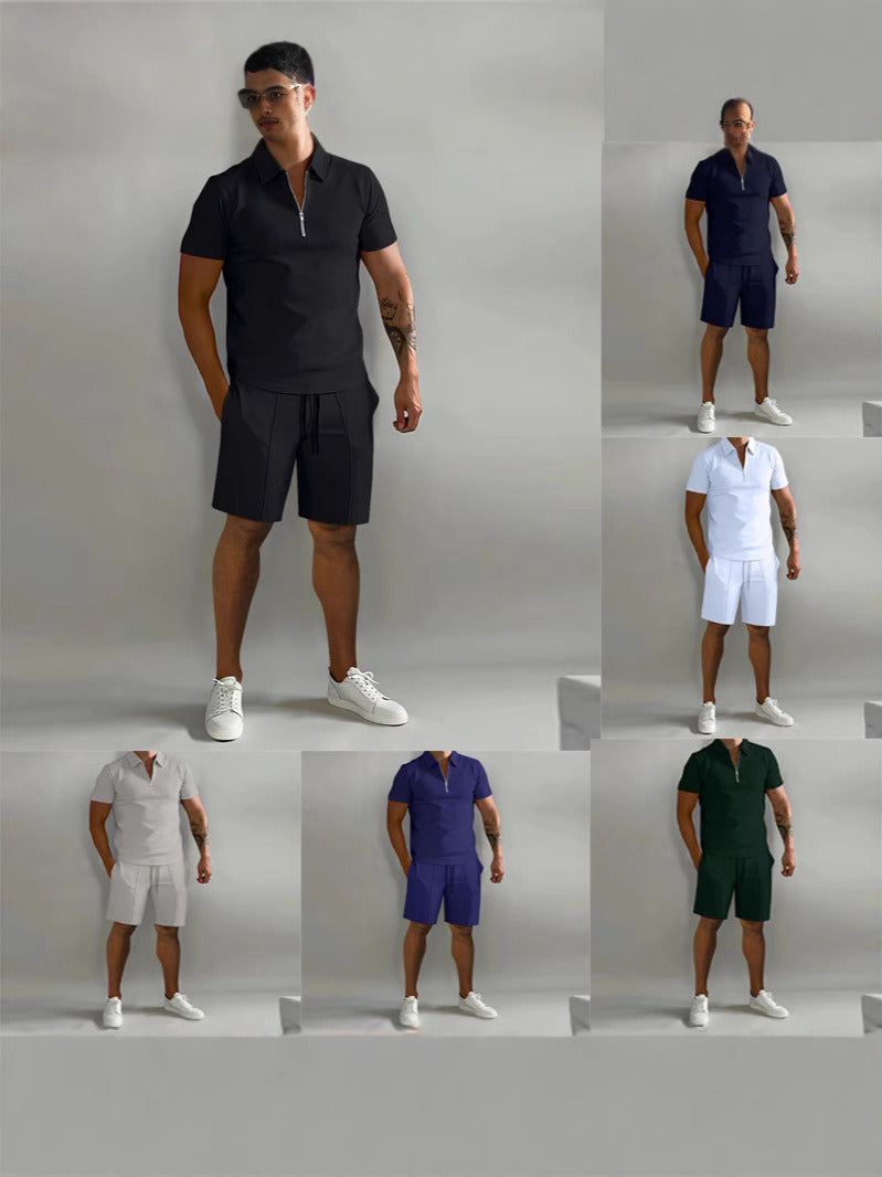 Men's Zip Collar Sports Shorts Set Summer Casual