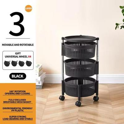 Black 3-Tier Rotating Kitchen Storage Rack with Wheels