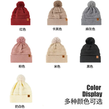 Women Double Layer Knitted Wool Hat with Pom Pom