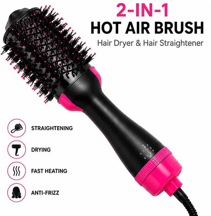 2-in-1 Hot Air Brush Hair Dryer & Straightening Brush | Electric Hair Styler | Pink & Black