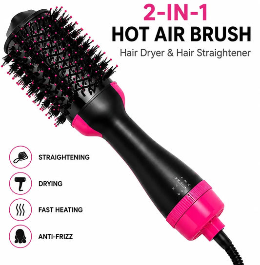 2-in-1 Hot Air Brush Hair Dryer & Straightening Brush | Electric Hair Styler | Pink & Black