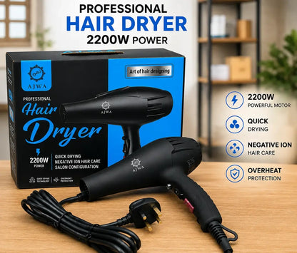 AJWA Professional Hair Dryer 2200W | Powerful Quick-Dry Hair Dryer with Negative Ion Care, Hot & Cold Air & Multi-Gear Settings