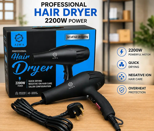 AJWA Professional Hair Dryer 2200W | Powerful Quick-Dry Hair Dryer with Negative Ion Care, Hot & Cold Air & Multi-Gear Settings