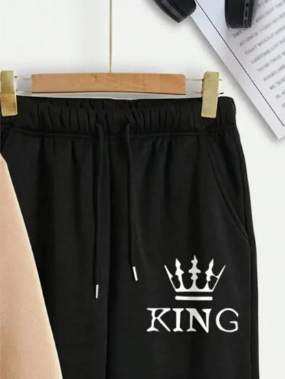 Men Black King Crown Fleece Track Suit 2Pcs