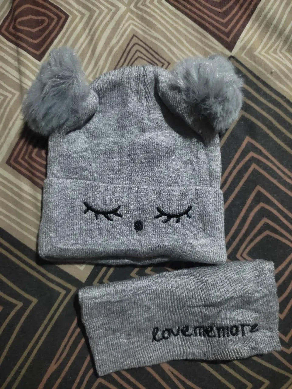 Grey Wool Bear Beanie & Neck Warmer Set