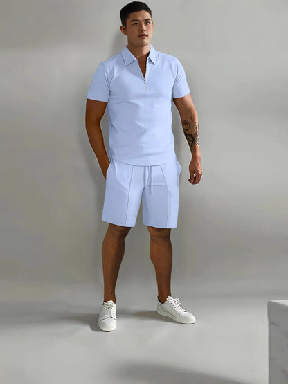 Men's Zip Collar Sports Shorts Set Summer Casual