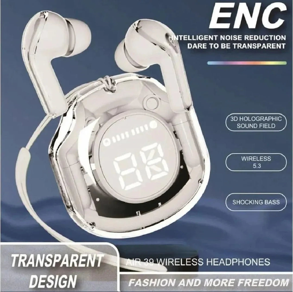 White Digital Display Earbuds with Bluetooth 5.3