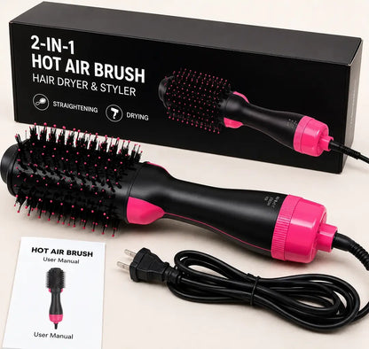 2-in-1 Hot Air Brush Hair Dryer & Straightening Brush | Electric Hair Styler | Pink & Black