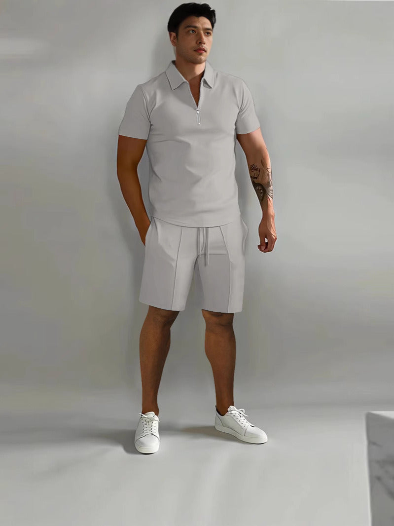 Men's Zip Collar Sports Shorts Set Summer Casual