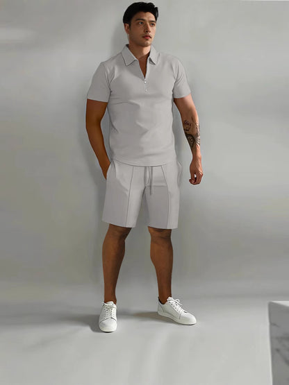 Men's Zip Collar Sports Shorts Set Summer Casual