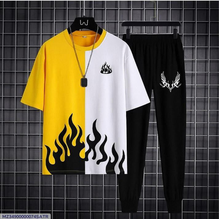 Men Track Suit Yellow Flame Eid Slim Fit 2 Pcs Polyester