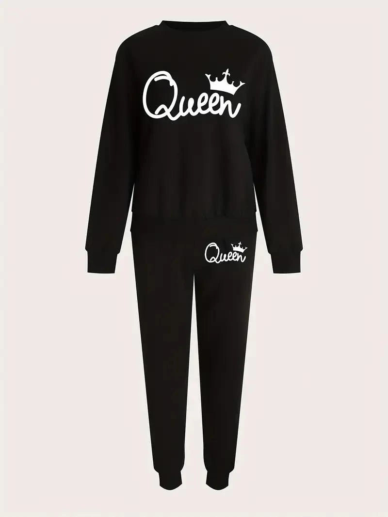 Black Queen Graphic Fleece Tracksuit Set for Women
