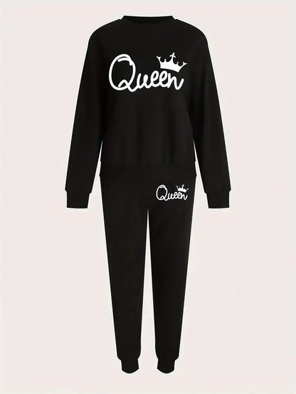Black Queen Graphic Fleece Tracksuit Set for Women