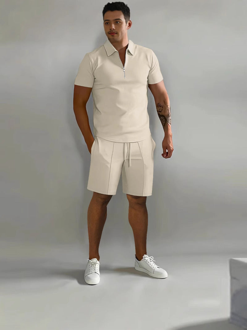 Men's Zip Collar Sports Shorts Set Summer Casual
