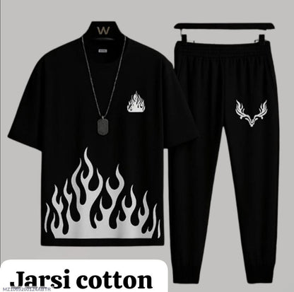 Men's Black Cotton Track Suit with Flame & Deer Head Print