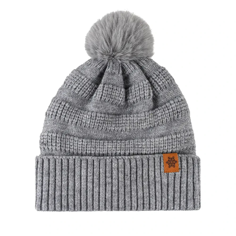 Women Double Layer Knitted Wool Hat with Pom Pom