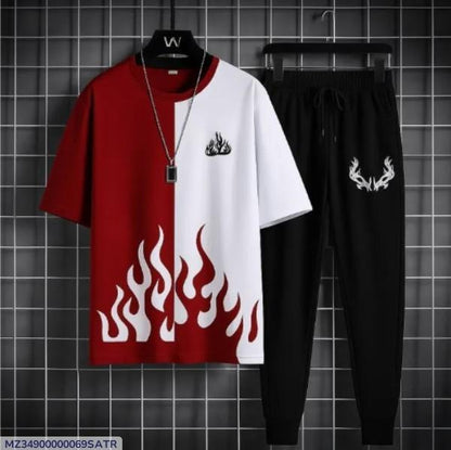 Men Maroon Flame Print Slim Fit Track Suit Polyester 28"