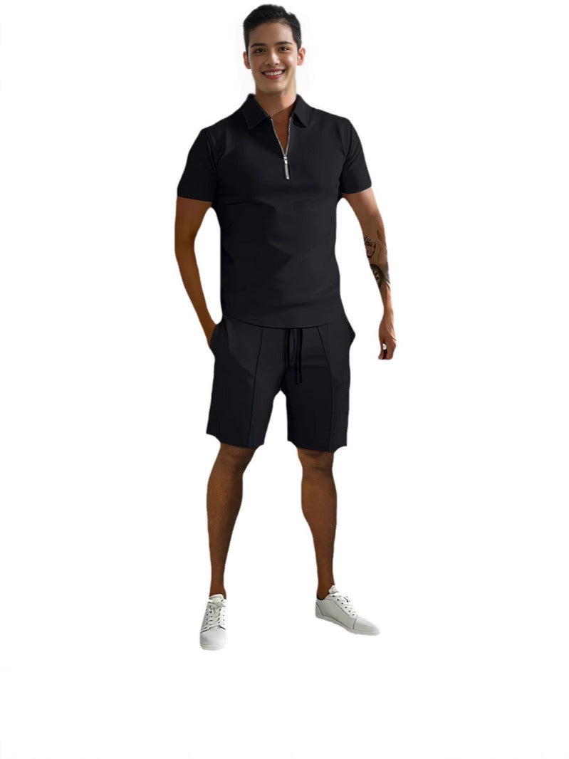 Men's Zip Collar Sports Shorts Set Summer Casual