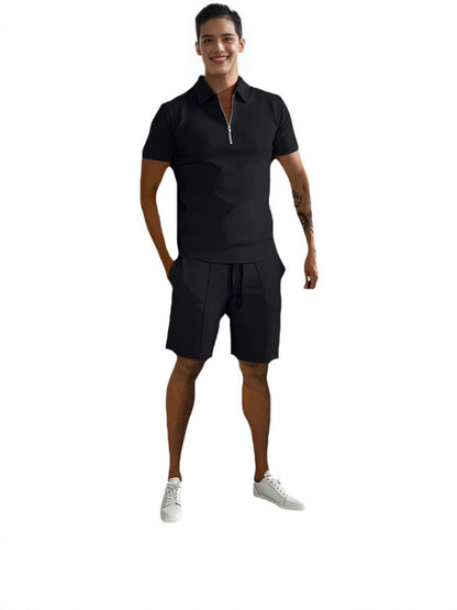 Men's Zip Collar Sports Shorts Set Summer Casual