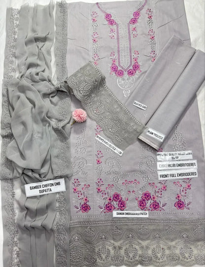 MUSHQ 3 Pcs Unstitched Chikankari Embroidered Suit