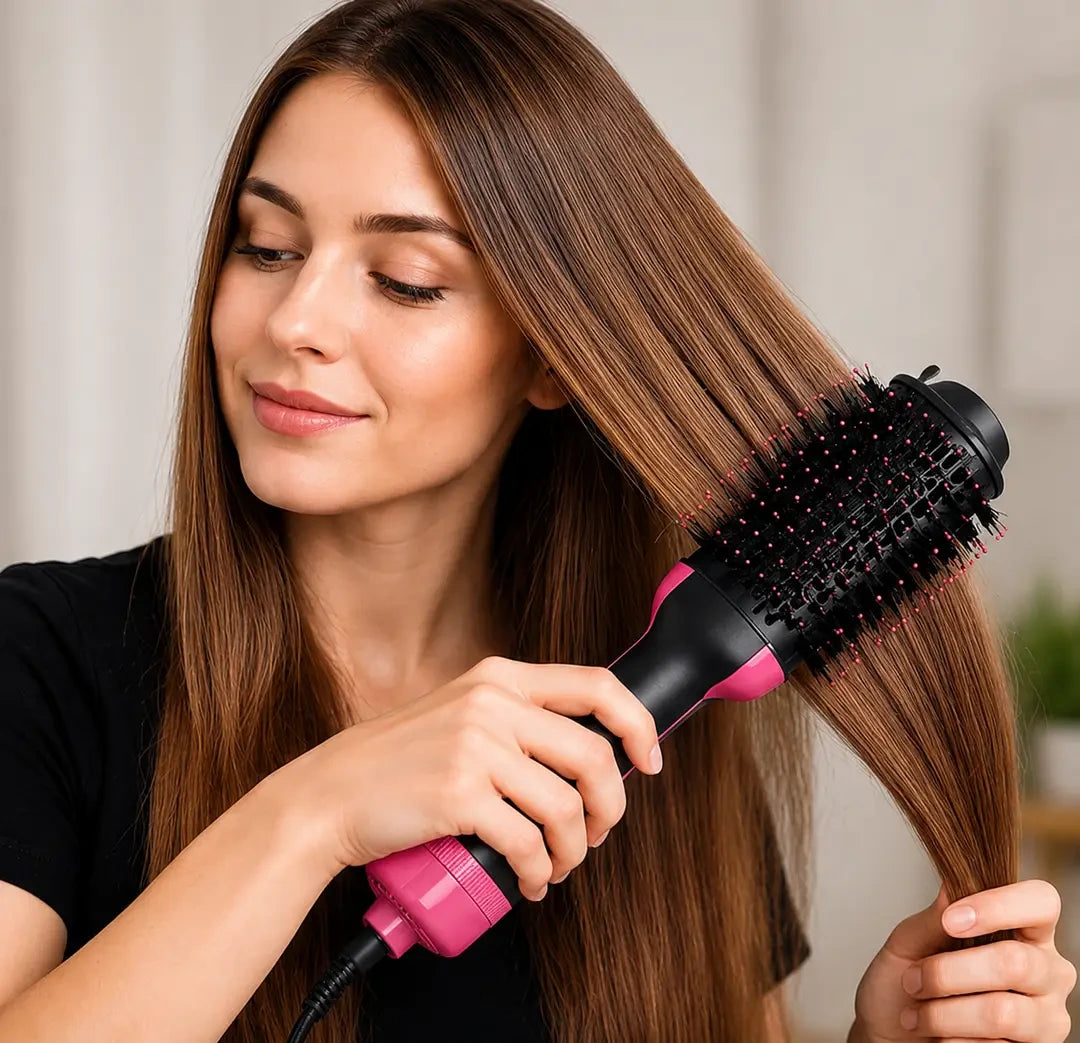 2-in-1 Hot Air Brush Hair Dryer & Straightening Brush | Electric Hair Styler | Pink & Black