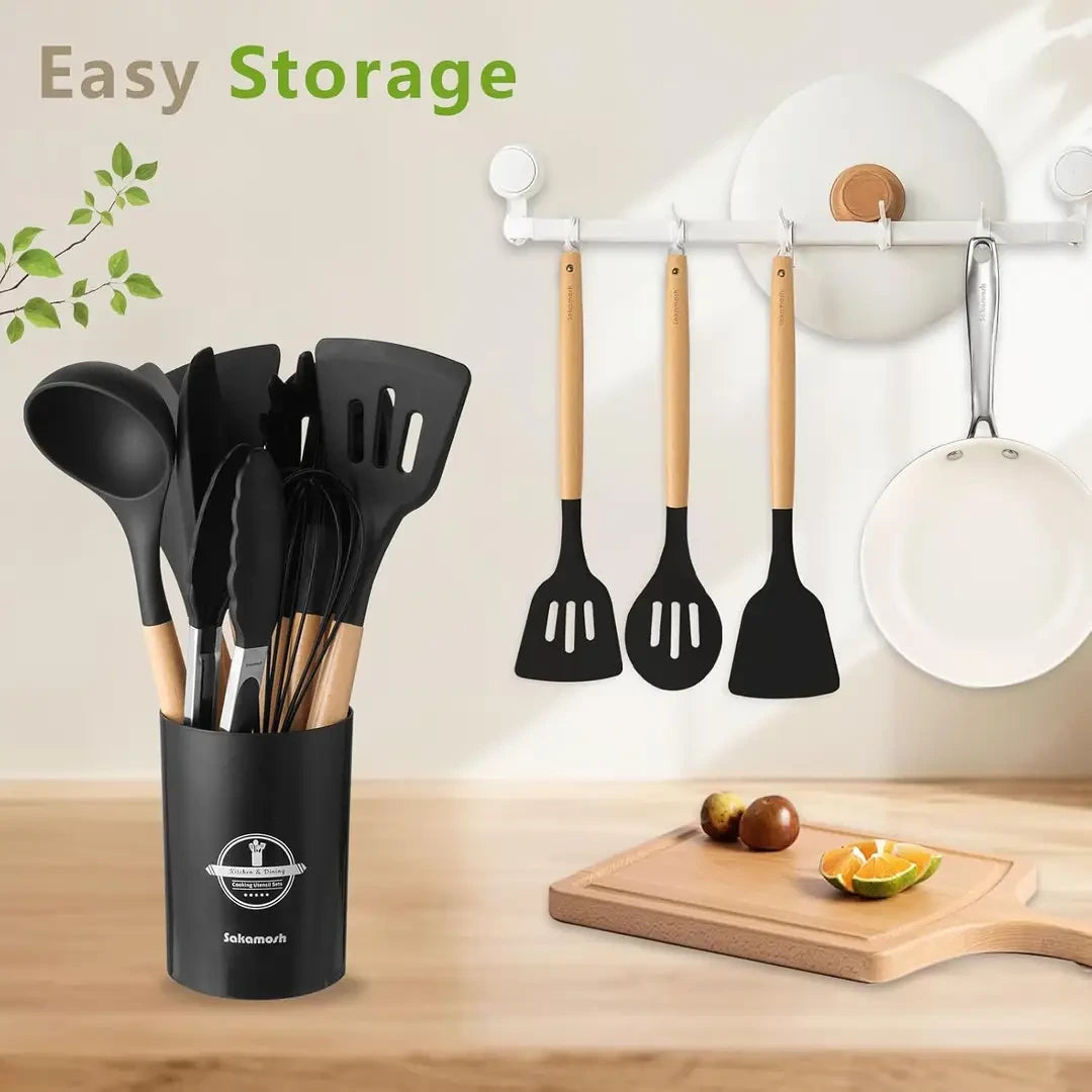 12 Pcs Silicone Kitchen Utensil Set with Wooden Handles – Non Stick Cooking Tools Set with Holder for Kitchen