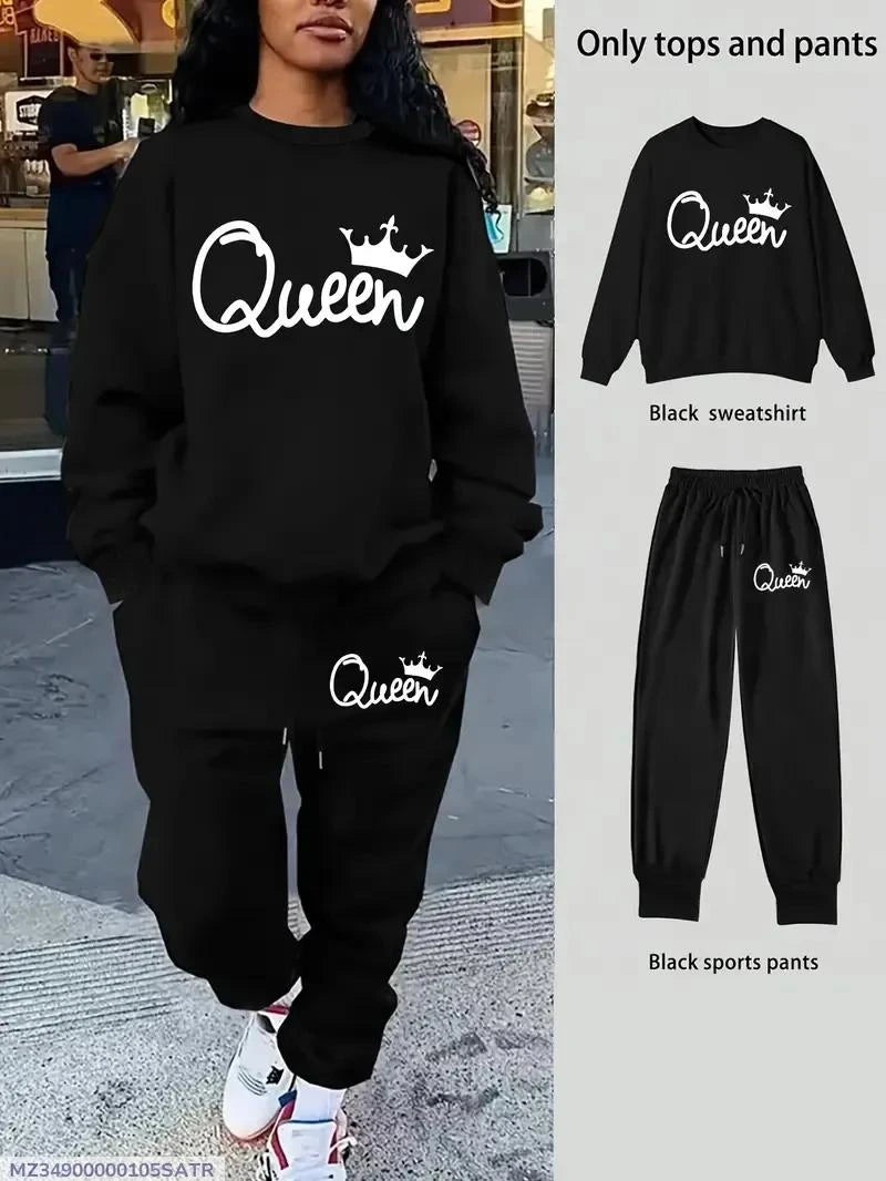 Black Queen Graphic Fleece Tracksuit Set for Women